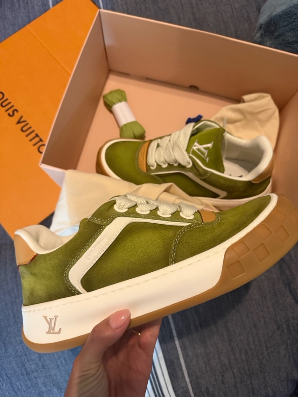 Louis Vuitton Olive Green and Cream Low-Top Sneakers